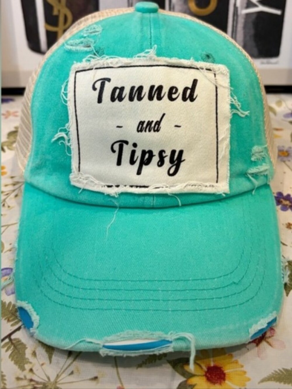 "Tanned and Tipsy" Distressed Baseball Cap (Turquoise 🩵)
